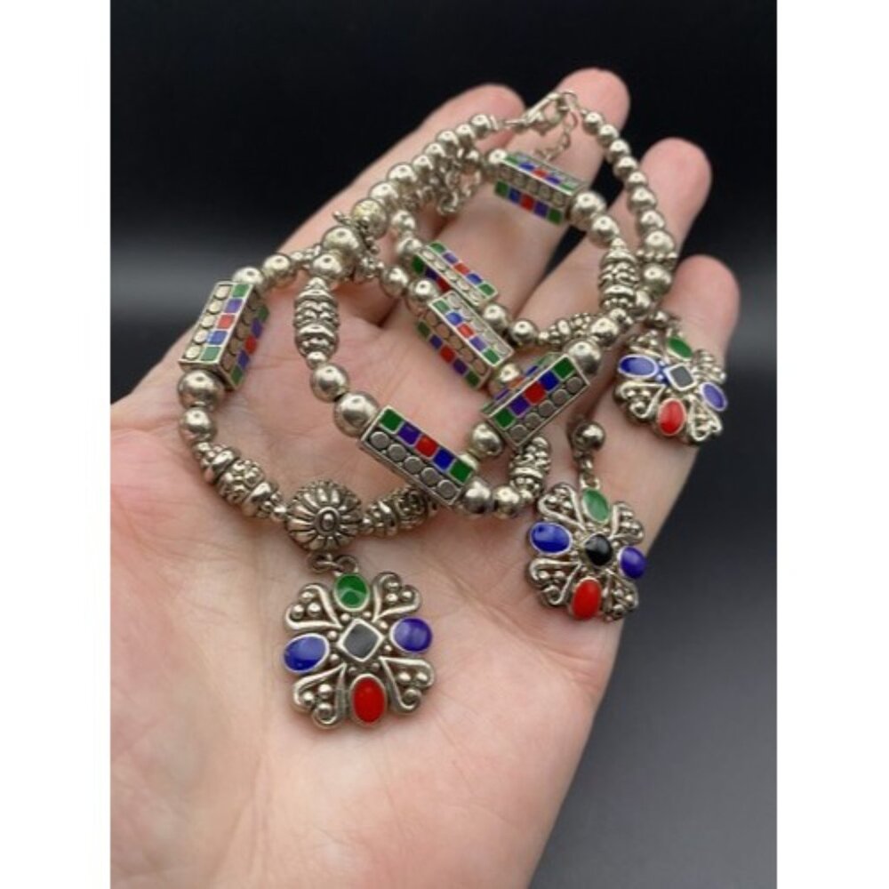 Boho Silver Tone Multi Color Cabochon Necklace Dangle Earring Set Tribal Style - Picture 9 of 10